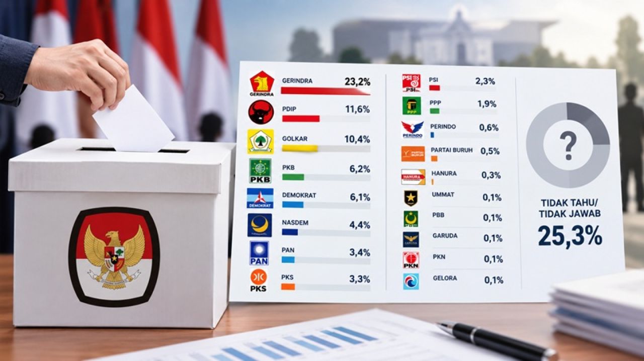 Survei Poltracking: Elektabilitas Gerindra 23,2 Persen, 25,3 Persen Belum Menentukan Pilihan